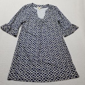Aryeh Anthropologie L Dress Stretch Navy White Geometric Coastal Preppy Classic